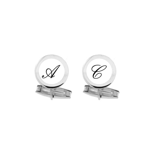 Gemelli in argento  massiccio 925 rotondo con smalto bianco diametro 13 mm personalizzato con lettera