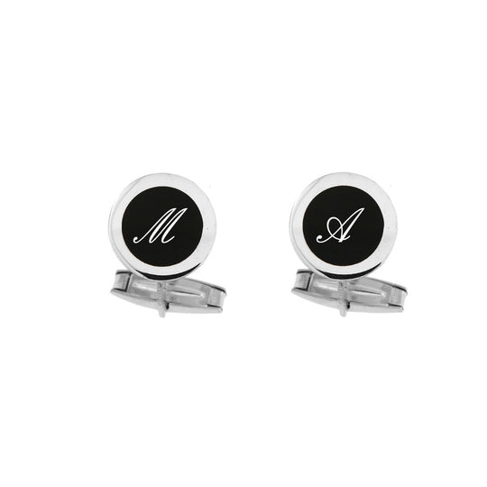 Gemelli in argento  massiccio 925 rotondo con smalto nero diametro 13 mm personalizzato con lettera