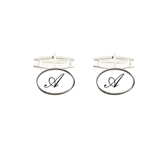 Gemelli in argento  massiccio 925 ovale con smalto bianco mm 15x10 personalizzato con lettara