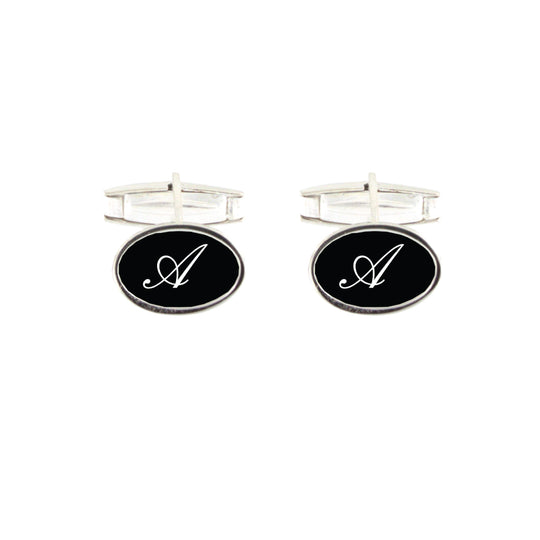 Gemelli in argento  massiccio 925 ovale con smalto nero mm 15x10 personalizzato con lettara