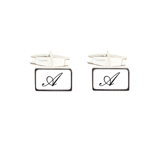 Gemelli in argento  massiccio 925 rettangolare con smalto bianco mm 15x9 personalizzato con lettara