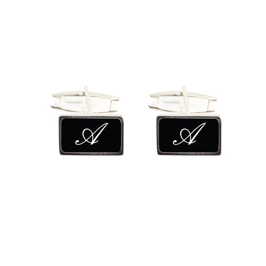 Gemelli in argento  massiccio 925 rettangolare con smalto nero mm 15x9 personalizzato con lettara